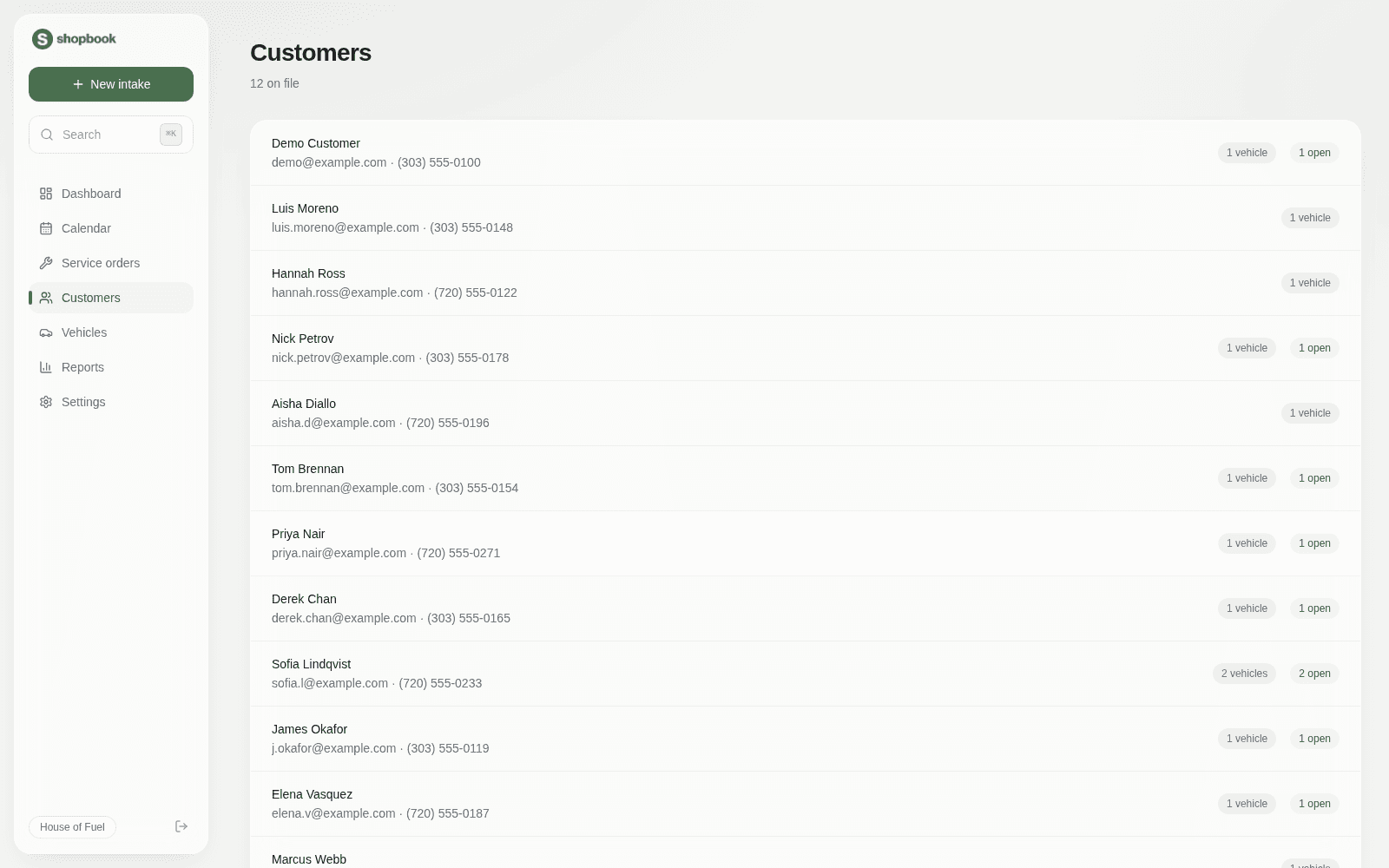 The customers list with vehicles, open work, and history at a glance.
